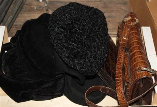 2 crocodile handbags & collection of ladies hats(-)